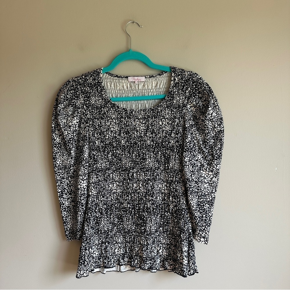 Parker Smocked Puff Sleeve Black and White Print Top Small